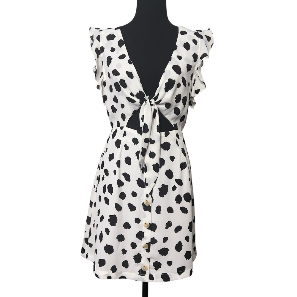 Buddy Love Twiggy Dalmatian Dress Jr.'s Medium Chiffon Black White Cut Out Front - Picture 9 of 9